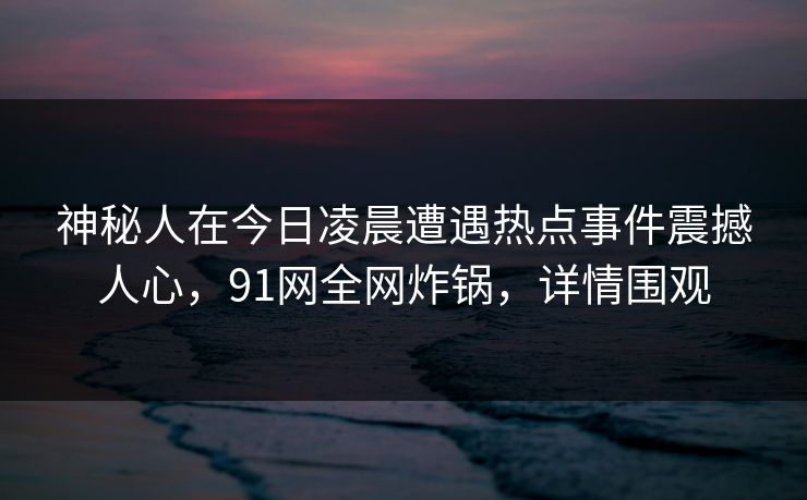 神秘人在今日凌晨遭遇热点事件震撼人心，91网全网炸锅，详情围观